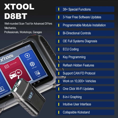 XTOOL D8 BT Bluetooth Bi-Directional Control All Systems Diagnostics Key Programming Crankshaft Relearn CAN FD, ECU Coding Topology Map