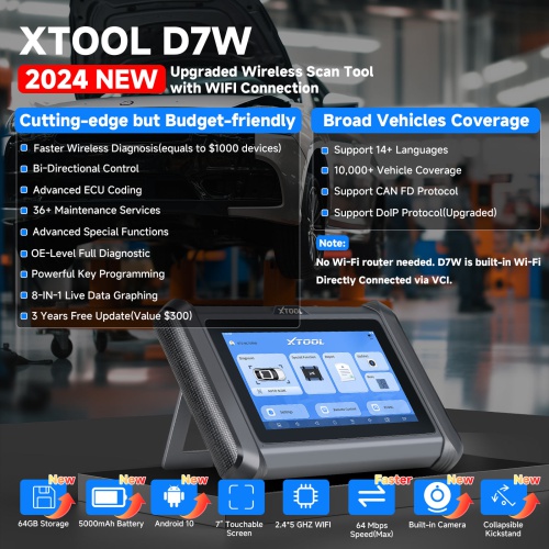 2024 XTOOL D7W Wireless Bidirectional Scan Tool CAN FD & DoIP, ECU Coding, 36+ Resets, Key Programming All System Diagnostic Scanner Update Ver. of D7